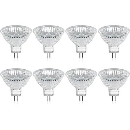 Paketti, jossa 8 halogeenilamppua GU5.3 MR16 20W 12V himmennettävä - Lämmin valkoinen 2800K, 400 lumenia, lasikupu Jz 20W