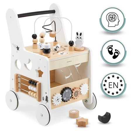 6-i-1 gåvogn, gåstol i træ med funktion til læringsbord