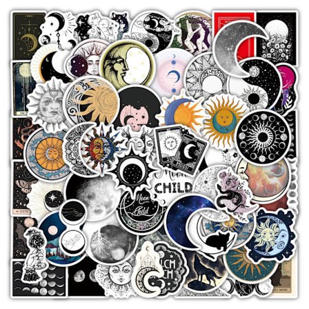 60 stk. Sol og Måne Planet Stickers, Sort Gotisk Astronomi Himmellegemer Dekaler til