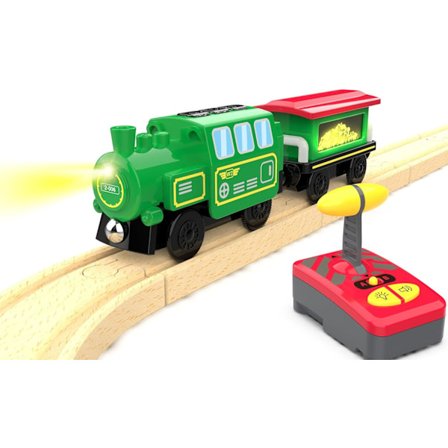 Motoriseret tog til træbane, fjernbetjent tog med magnetisk forbindelse, til småbørn, kompatibelt med Thomas, Brio, grøn