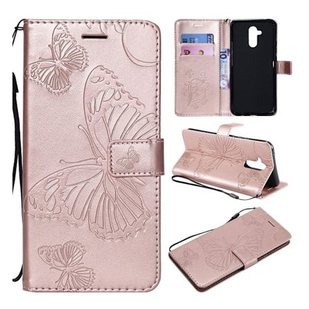 Huawei Mate 20 Lite beskyttelses deksel av syntetisk skinn med sommerfugl og blomst avtrykk - Rose Gull
