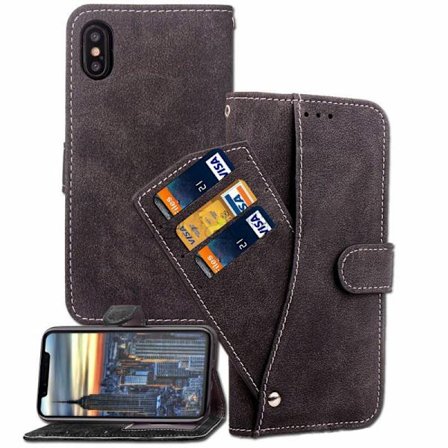 IPhone 6+/6S+ Läder Flip Plånbok Fodral Scrub Case Svart