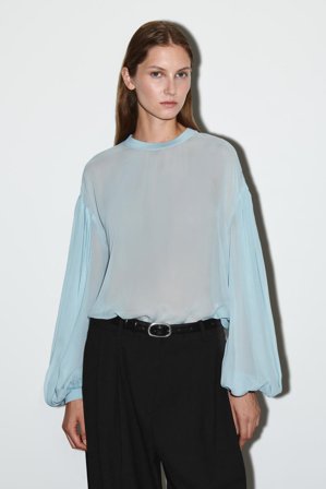 COS Women's Sheer Balloon Sleeve Blouse in Blue