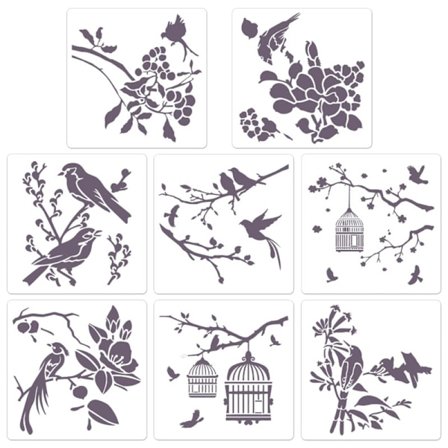 8X Malerskabeloner Blomster Fugle Gren Stencils Fleksible til Træ Væg Lærred