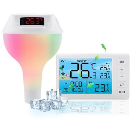 Trådløst Flydende Pooltermometer – Digitalt Badetermometer med RGB-belysning & Solpanel_OF