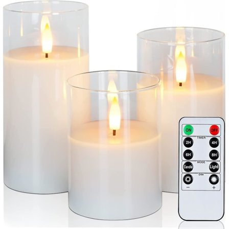 Kirkaslasiset liekittömät paristokäyttöiset kynttilät ajastimella, kaukosäätimellä, LED-pylväskynttilät paristokäyttöiset, puhtaan valkoinen vaha, 3 
