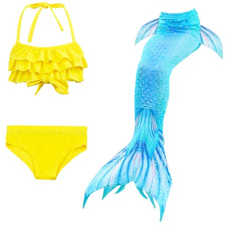 Havfruehaler til svømning 3 stk. pigebadedragter Prinsesse Bikini Badedragt Sæt til børn, piger, børn Gul Blå