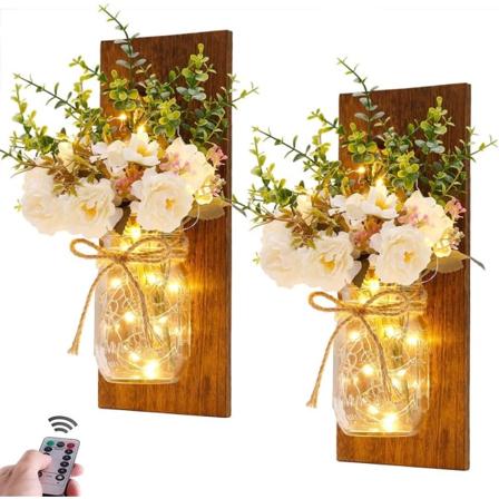 2 stk. Rustikke væglampetter - Håndlavede vægkunstophæng med fjernbetjening LED-fe-lys og hvide pæoner Peony+brown Board 13”x5.2”x0.6”