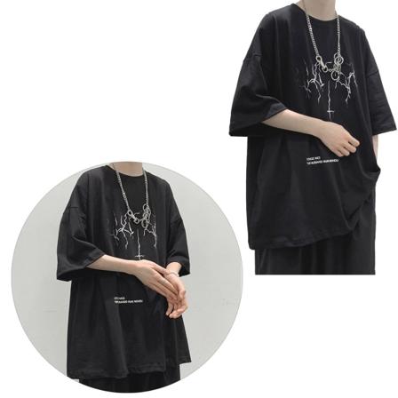 Oversized T-skjorte for menn med droppet skulder, halv erme, trykt mønster, sommer-skjorte for menn til dating, utendørs, svart, XXL