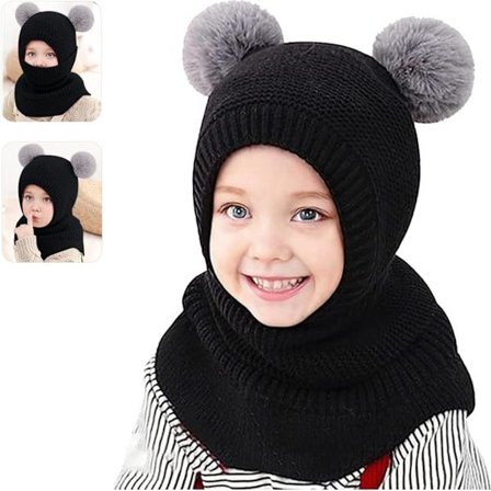 ING 3-in-1 Talvinen Neulepipo, Lämmin Pipo Pojille ja Tytöille, Sopii 1-5 Vuotiaille Lapsille (Musta)