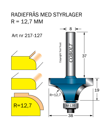 Cobolt 217-127 Afrundningsfræse R=12,7 D=38 L=19, Maskintilbehør & forbrugsvarer