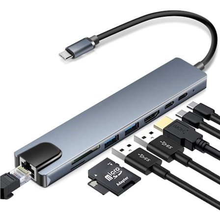 INF 8-portars USB-C-hubb med USB, USB-C PD, HDMI, RJ45 och minneskort – Grå_yux