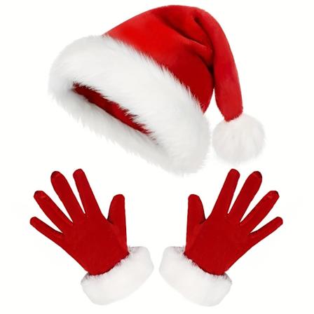 2-delad jultomteset med tillbehör - Levande röd sammetshatt med vit kant och matchande handskar för kvinnor - Popkultur (FMY) Santa Hat+Gloves