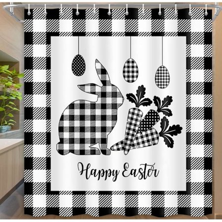 Duschdraperi för Påskdagen, Rolig Kanin Ägg Vårfestival Bondgård Badrumsgardin Set med 12 Krokar, 71X71 Tum