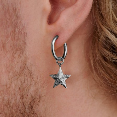 Pendiente de aro de acero plateado con colgante de estrella para hombres - Pendientes de aro con colgante