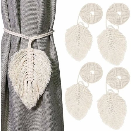 Gardinknytband för gardiner, 4 st Boho Blad Knytband Gardinband Bomull Makramé Gardinband Snörgardin Beige Bomullsrep Gardiner
