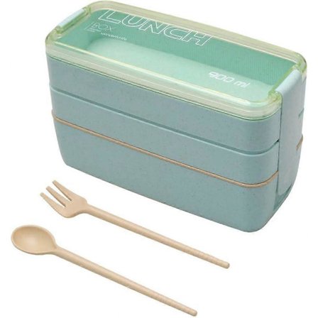 3-lags madbeholder med rum, madkasse med ske og gaffel, stabelbar beholder 900 ml, madopbevaringsboks (grøn)