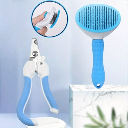 2 stk. Katte- og hundepleiesett, negleklipper med sikkerhetslås, hårbørste, fjerner for dyrehår