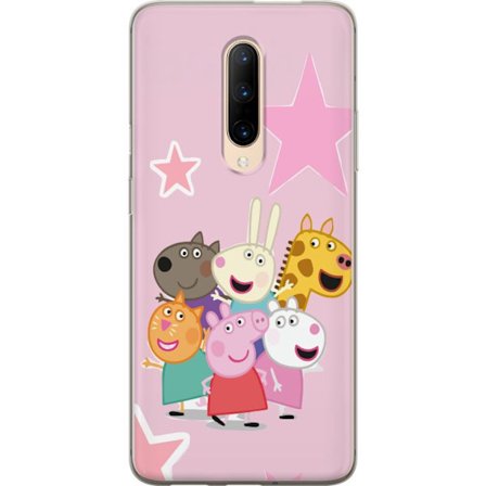 Yhteensopiva Puhelinkuori OnePlus 7 Pro Peppa Possu ja ystävät kerääntyneinä tähtien kanssa vaaleanpunaisella taustalla, värikäs lasten kuvitu
