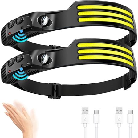 Hodelykt 2-pakning, Oppladbar, 1200 Lumen, 230° Bred Stråle, Supersterk Hodelykt, Svart