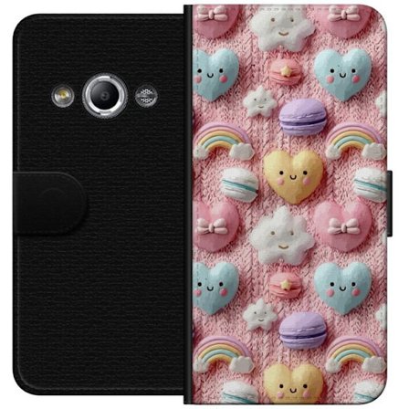 Yhteensopiva Lompakkokotelo Samsung Galaxy Xcover 3 Pastellimotiiivi sydämillä, pilvillä, sateenkaarilla ja makaronseilla vaaleanpunaisella taustal