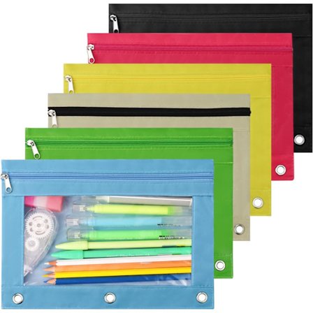 Pennfodral för 3-ringpärm, blixtlåsfodral med tre hål för skol- och kontorsmaterial, 6-pack