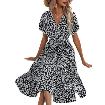 Dame Blomstret Slå-om Kjole V-hals Taljebælte Flæseærme Asymmetrisk Kant Sommer Lang Kjole Sort XL