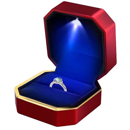 Ringæske med LED-lys, firkantet fløjlsringæske til bryllupsringe, smykkegaveæske til frieri, forlovelse, bryllup
