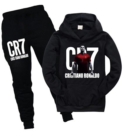 CR7 Ronaldo Pojkars Fotbollsträningsoverall Hoodie Sweatshirt Huvtröja Toppar + Byxor Outfits Svart