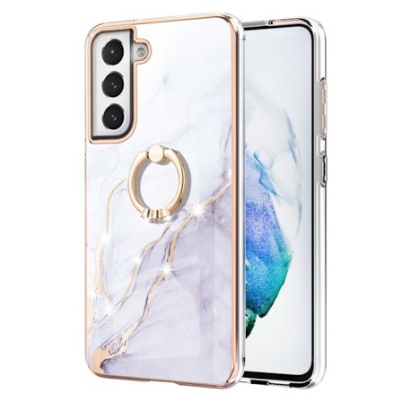 Marble Mønstret Cover med Ring Holder til Samsung Galaxy S21 FE - Hvid Marmor Haze