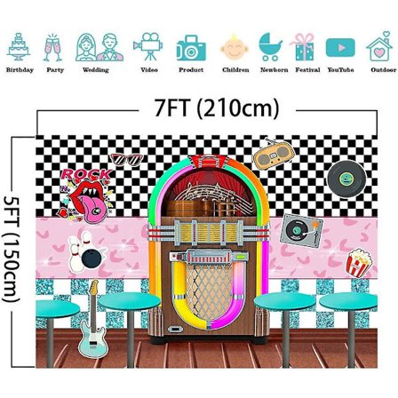 50-tals Sock Hop Fotobakgrund Vinyl 7x5ft För 1950-tals Rock'n'Roll Party Banner Dekorationer Soda Shop Retro Middag Prom Dans Fotobakgrund