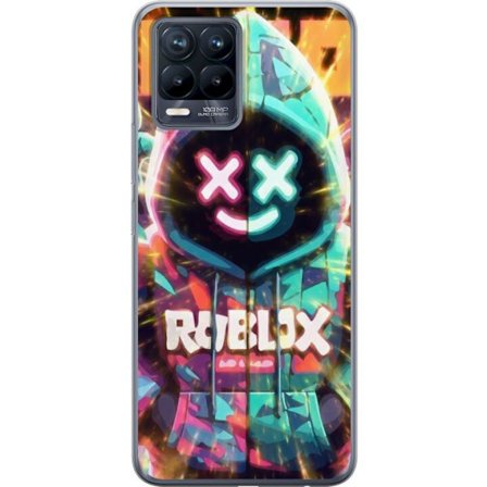 Yhteensopiva Puhelinkuori Realme Realme 8 Neonvärisellä Roblox-hupparihahmolla on hehkuvia efektejä ja energialla täytetty tausta, moderni peli-ku