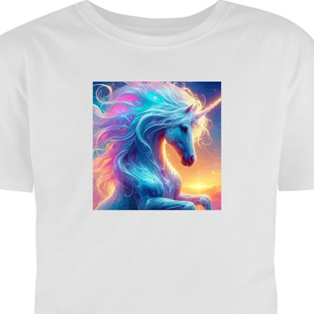 T-Shirt Farverig enhjørning i vand med regnbuefarver, glødende lys, magisk fantasyatmosfære og drømmelignende illustration med stærk visuel effek