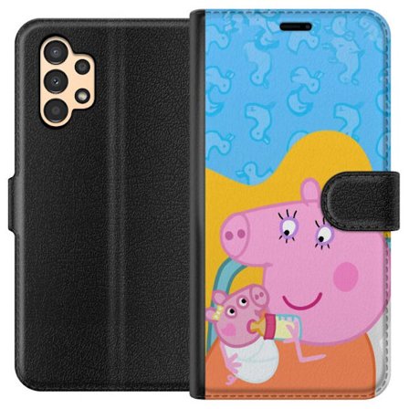 Kompatibelt Lommeboketui til Samsung Galaxy A13 Peppa Gris familie motiv med mor gris, far gris og venner, fargerikt tegnet barnebilde