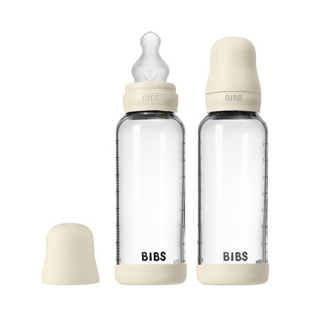 BIBS Glass Baby Bottle Round Silicone 2-Pak Ivory 240 ml Medium, Børn & Forældre, Sutteflasker & Tilbehør, Sutteflasker