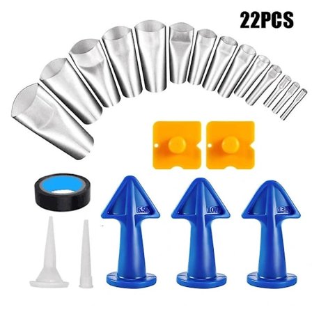 Caulk Nozzle, 14 Pcs Stainless Steel Applicator and 2 Pcs Plastic Sealant Nozzles and 1 Roll Tape, Caulking Tools for Kitchen and Bathroom