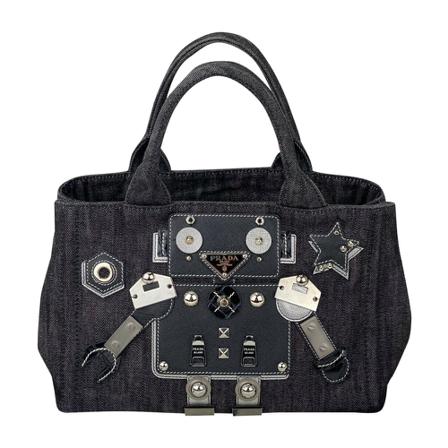 Prada Vintage Pre-owned Håndtaske Canapa Robot Denim Saffiano Leather Tote B378 Sort, Dame Vintage Tasker, Størrelse: ONE Size