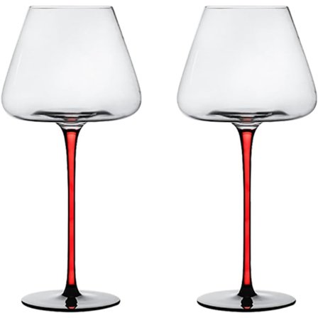 Set med 2 stora vinglas, kristallklart glas, vinglas med lång stjälk för rött vin, svarta konkava botten champagneglas