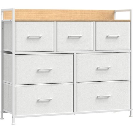 Songmics kommode, garderobeskab, opbevaringsenhed, 7 skuffer i stof med håndtag, metalram, hvid