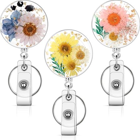 3 stk. Blomster Badge Reel Praktiske Sygeplejerske Badge Reels Udtrækkelige med Nøglering Badge Holder Tørret Blomster Resin ID Badge Clip til Lærer 