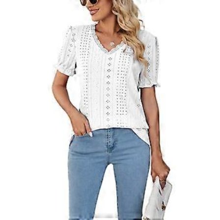 Spetstopp för damer V-ringad spetsskjorta Biskopsärm Tröja Urholkad Djup Hals Tröja Kontorsknapp Dam Skjorta Vit S(S Vit)