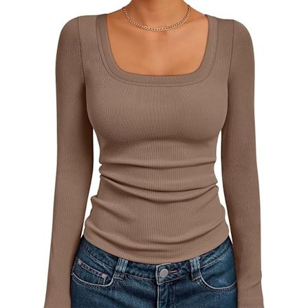 Ribbad topp med fyrkantig hals för dam, långärmad slim-fit baströja