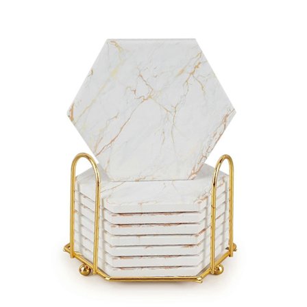 Glasbrikker til Drikkevarer med Holder, Absorberende Marmor Glasbrikker Sæt med 8, Keramiske Hvide og Guld Glasbrikker - Guld - Guld 2