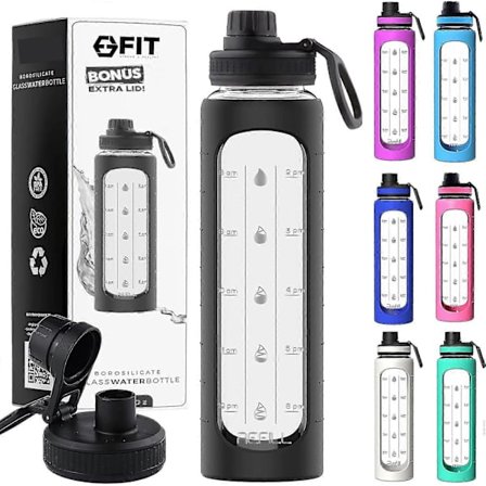 946 ml Glasvattenflaska med Tidsmarkering Påminnelse 1 Liter Glasdricksflaska, BPA-fri, (svart)