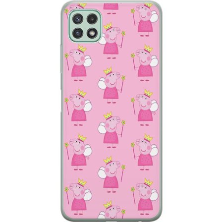 Yhteensopiva Puhelinkuori Samsung Galaxy A22 5G Greta Gris ja Peppa Pig dinosauruksella ja eläimillä, leikkisä piirretty lasten kohtaus sinisellä taus