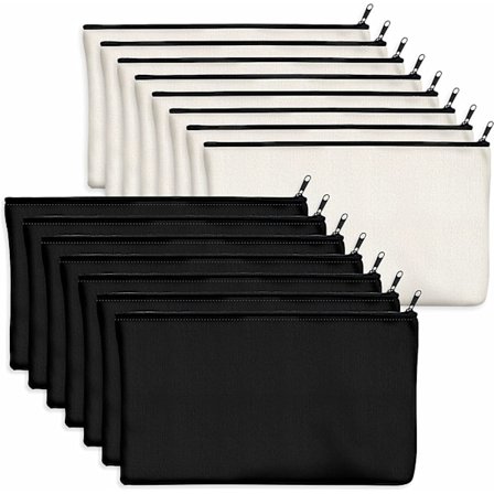 Förpackning med 15 tomma bomullspåsar hantverkspåsar med dragkedja sminkväska för förvaring av kosmetika (beige & svart, 21 x 12 cm)