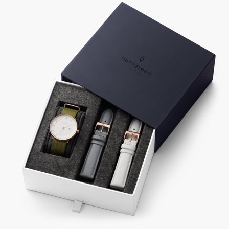 Nordgreen Philosopher Minimalistisches Damenuhren Set - Schwarzes Ziffernblatt - Roségold | 36mm Armbänder Nylon Bohème Grün / Leder Grau / Weiß