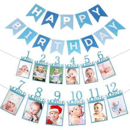 Fotobanderoll för 1-årsdag, nyfödd till 12 månader, Flicka Pojke Grattis på födelsedagen Banderoll Partydekoration, Månatlig milstolpe Foto