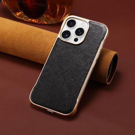 Skal för iPhone 16 Plus svart lackerad ram trådlös laddning magnetisk bilhållare läder