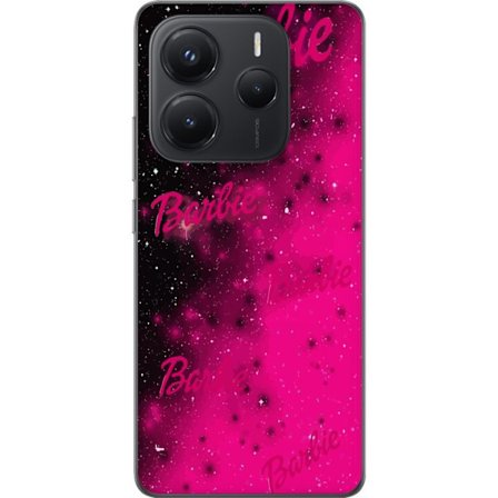 Xiaomi Redmi Note 14 5G Gjennomsiktig deksel Barbie rosa galakse rosa og svart stjernehimmel med flere Barbie-tekster perfekt for mote popkultur og fa